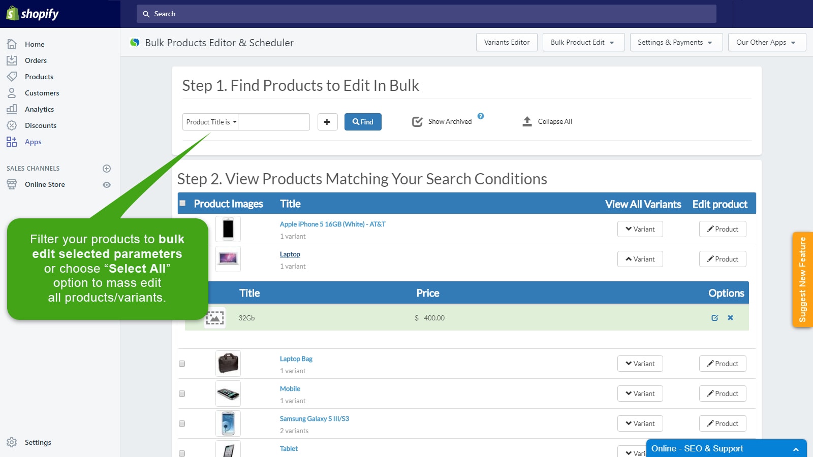 Filtering products to edit in bulk