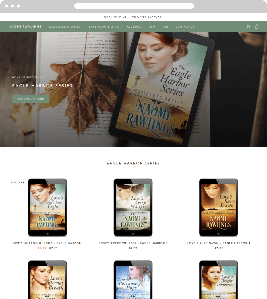 Landing page screenshot of the Naomi Rawlings Books website
