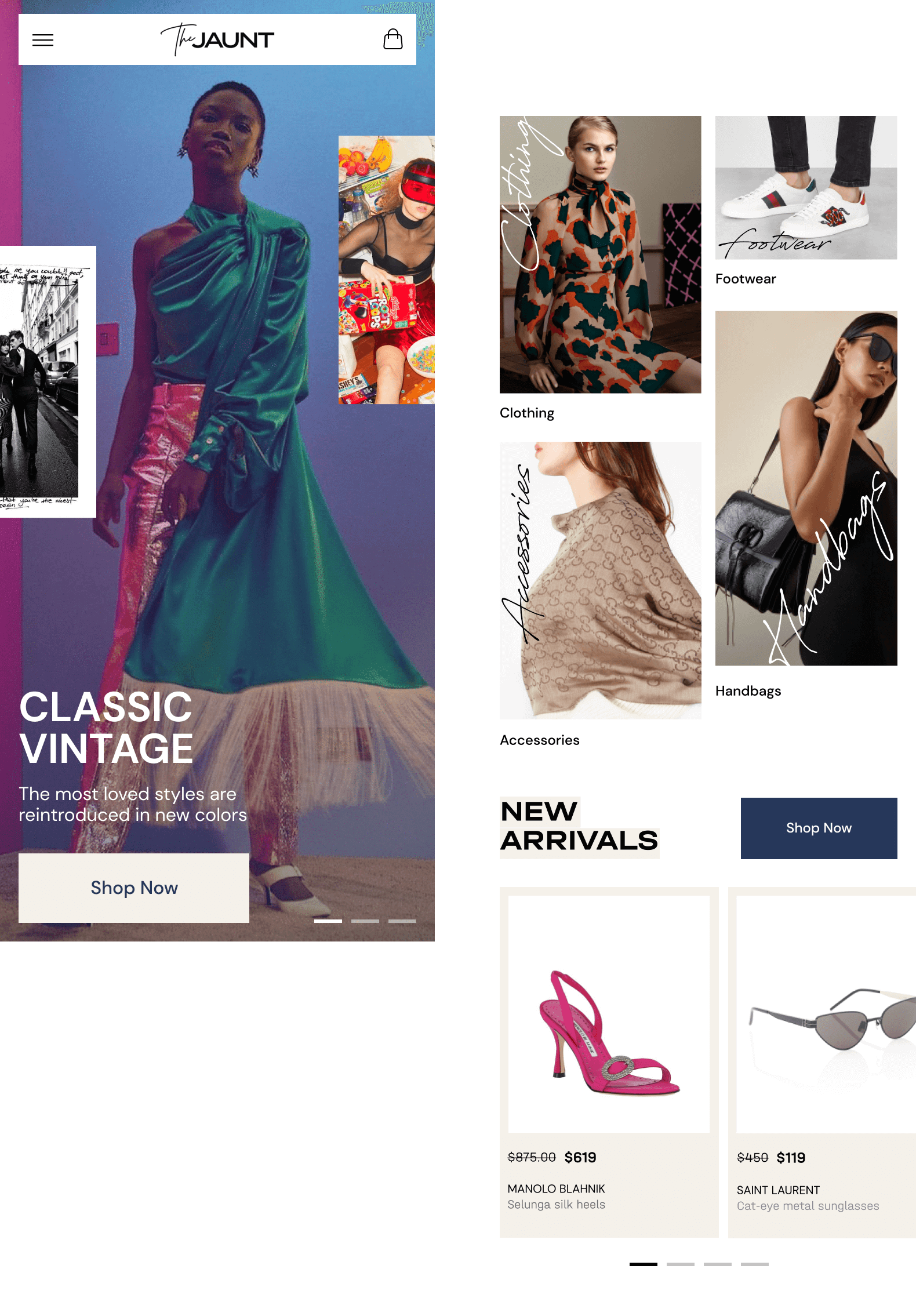 Mobile version of layouts: Hero screen, Featured collections and New arrivals collection