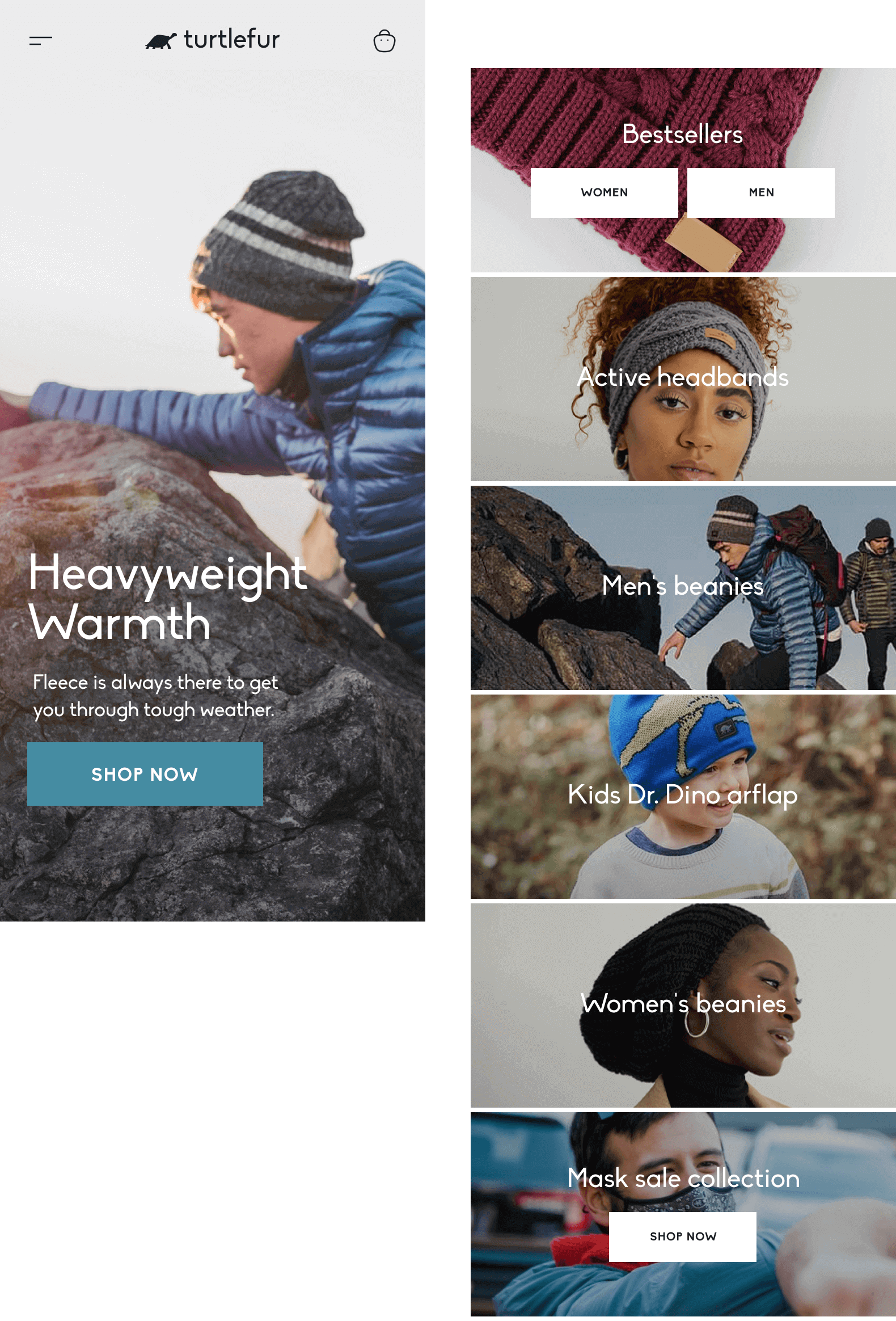 Mobile version of layouts: Hero screen, Featured collections and Rich text