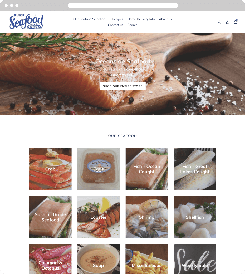 Landing page screenshot of the Oceanside Seafood website