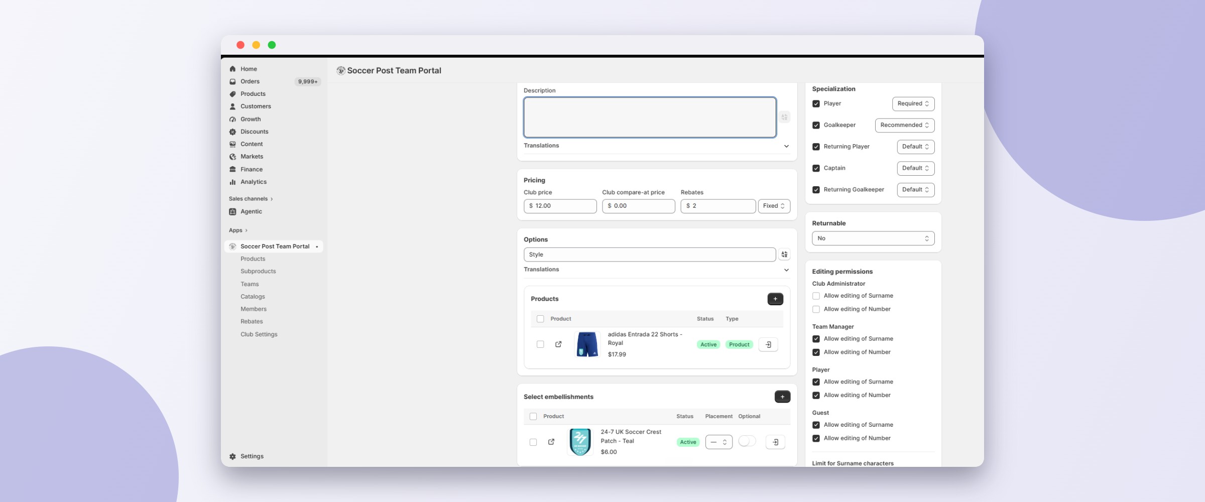 Soccer Post Team Portal pricing, specializations and permissions